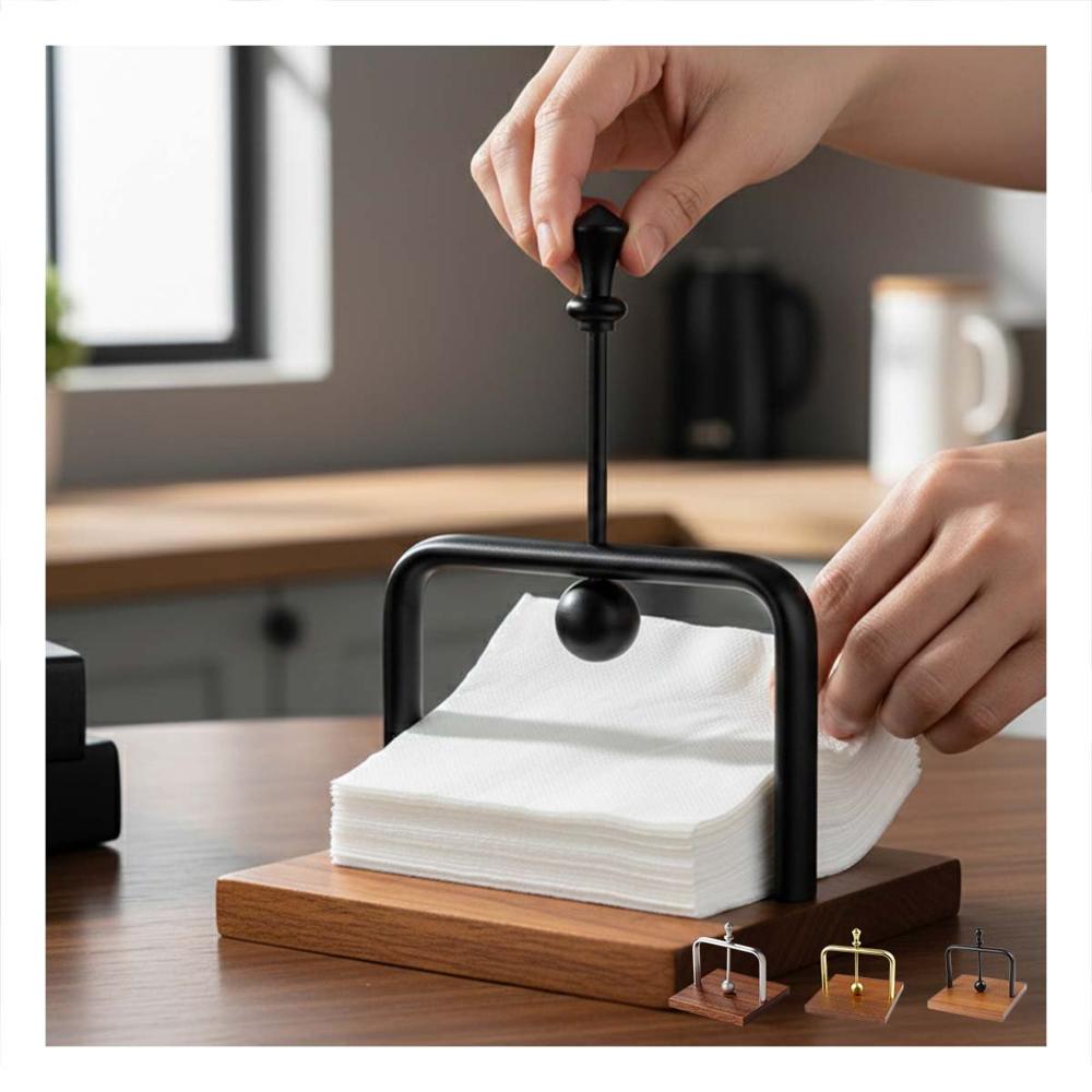 Servilletero Vertical de Color Negro con Base Madera y Brazo Dispensador para Mesa
