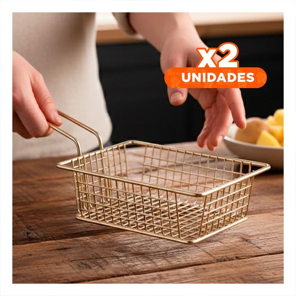 Pack2 Cesta para Freir Rectangular Dorado con Asa Larga para Servicio Practico
