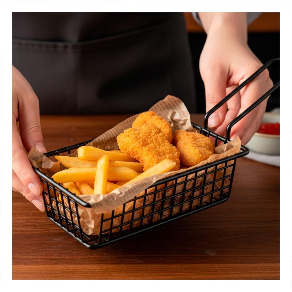 Canasta para Freir Rectangular Negro con Asa Larga para Cocina Profesional