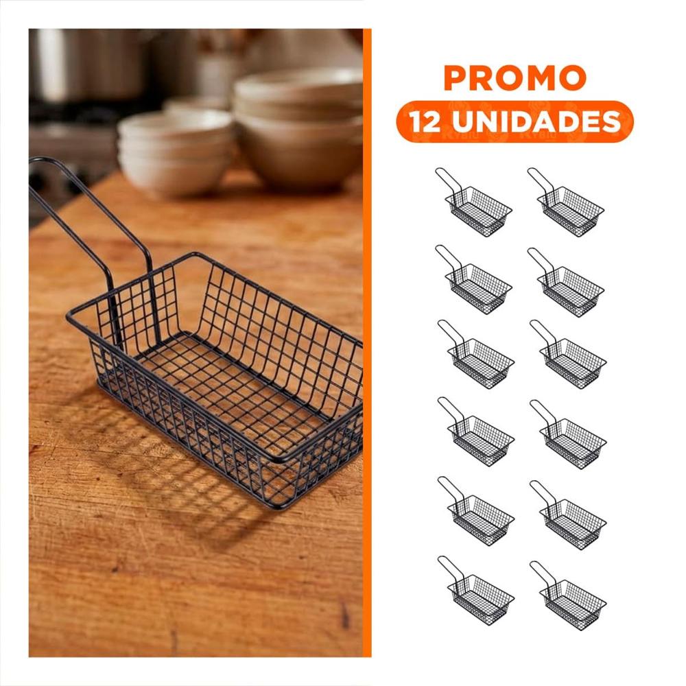 Pack12 Rejilla para Freir Rectangular Negro con Asa Larga para Cocina Profesional