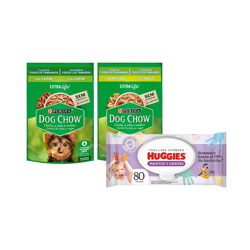 Pack Alimento DOG CHOW Sabor Carne/Pollo Pouch 100g x2un + Toallitas Húmedas HUGGIES Paquete 80un