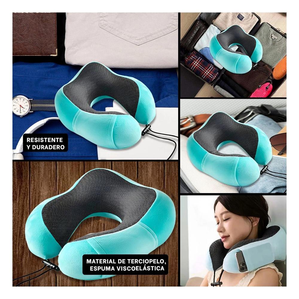 Cojin de Cuello Acolchado de Terciopelo para Viajes Celeste Claro
