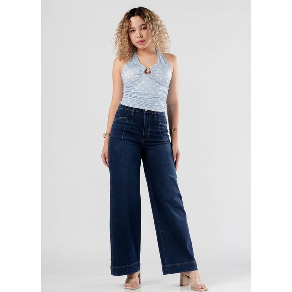 Nanamika Jean Wide leg Stretch Tiro Medio Mujer Lucia Azul Oscuro 30