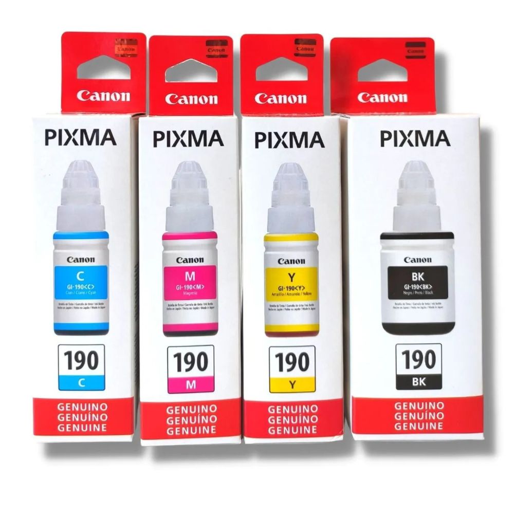 Pack de Tinta Canon GI-190 Negro, Cian, Magenta, Amarillo