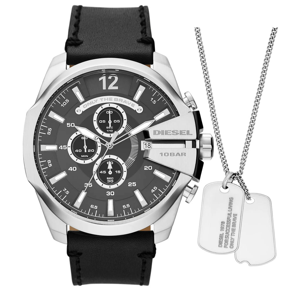 Reloj Diesel Mega Chief DZ4559 Set Con Collar Fecha Cronómetro Correa de Cuero Negro