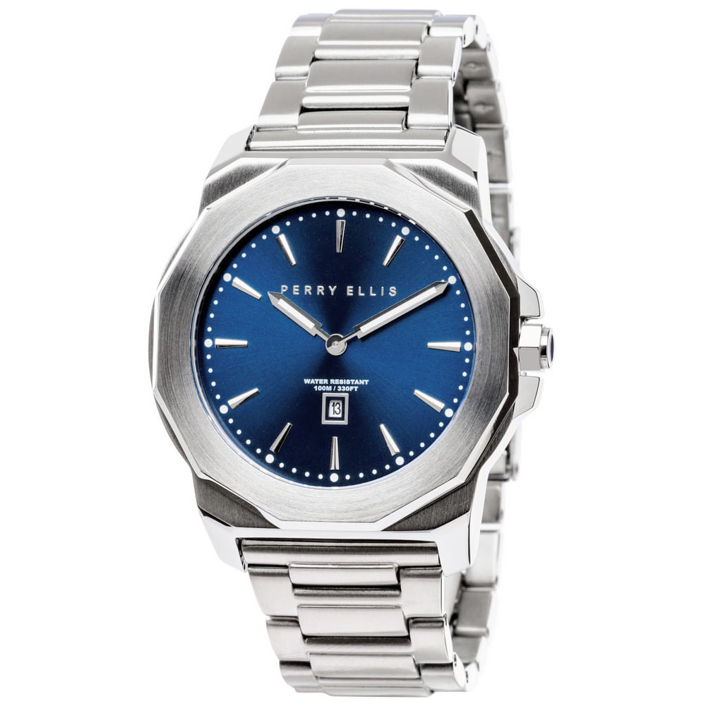 Reloj Perry Ellis Decagon 42 08002-02 Fecha Acero Inoxidable Dial Azul