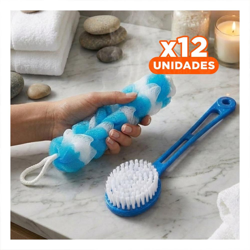 Pack12 Accesorios de Uso Diario para Ducha con Esponja y Cepillo en Color Celeste
