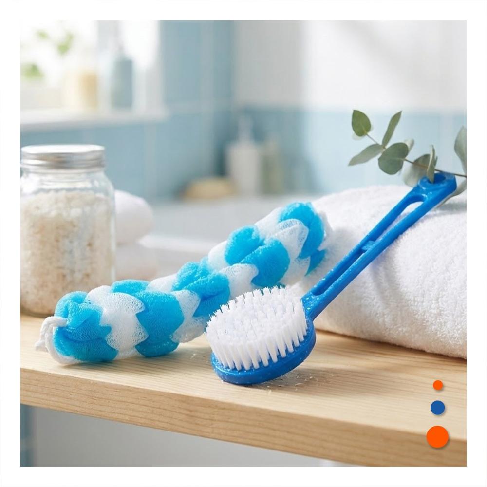 Kit Funcional de Ducha con Esponja y Cepillo en Color Celeste Domestico Y Regalo Sticker