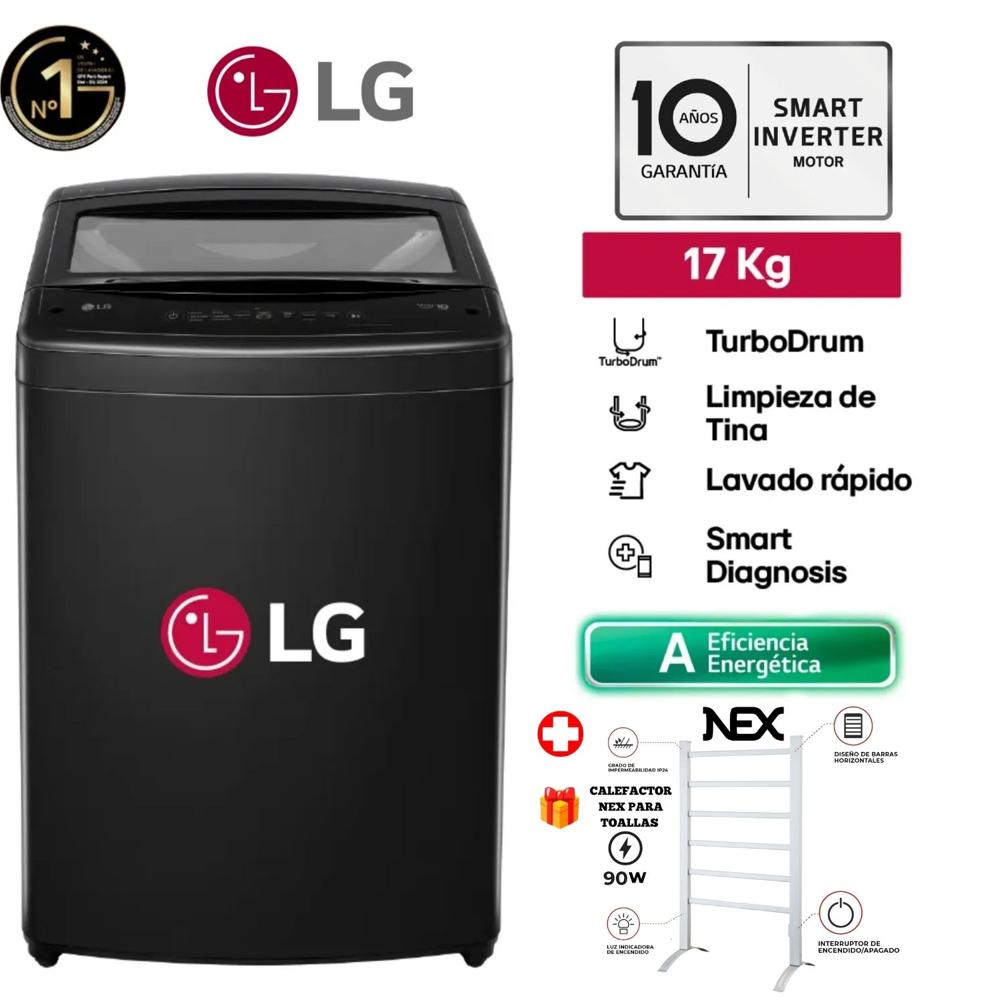 Lavadora LG 17Kg Smart Inverter Turbodrum WT17OBVTB Negro Onyx mas Calefactor de Toallas NEX