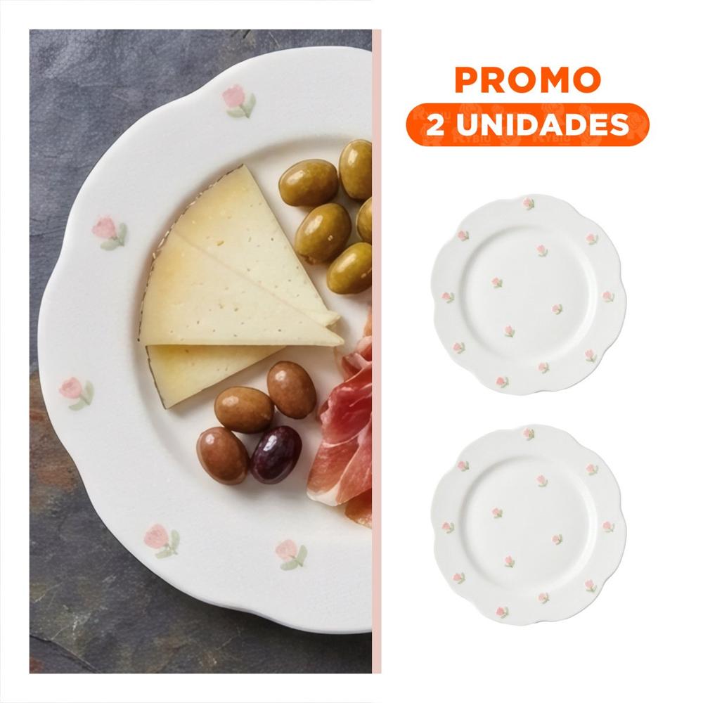 Pack2 Cuenco de Ceramica Circular Tulipanes Color Blanco 20x1.5cm para Almuerzos