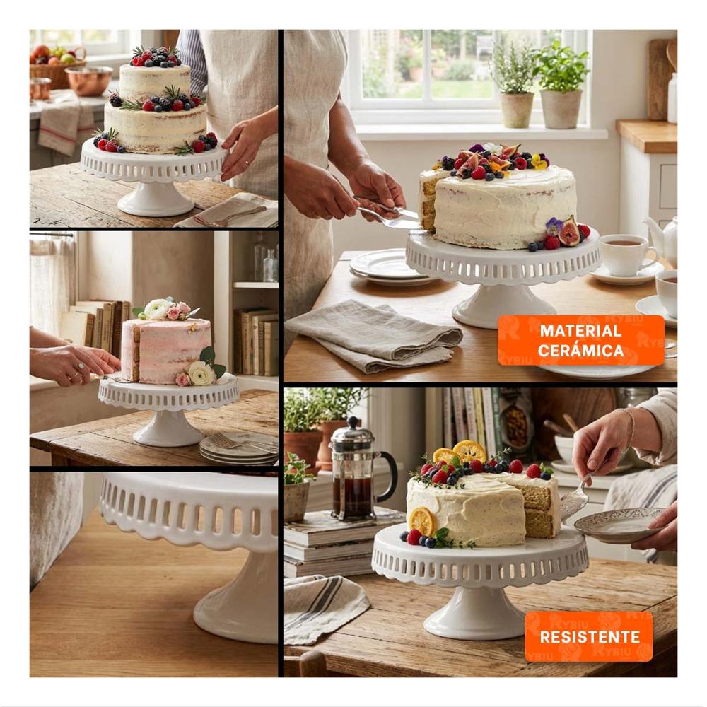 Soporte Porta Torta Blanco Ceramica Rayitas 30 cm para Celebraciones