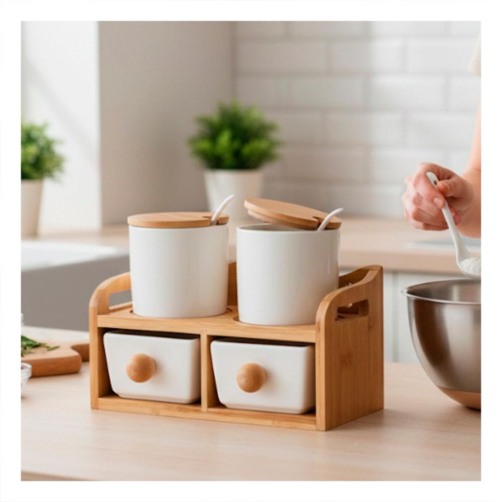 Set de 4 Recipientes Blanco con Tapa Cuchara y Base de 32x12cm para Cocina