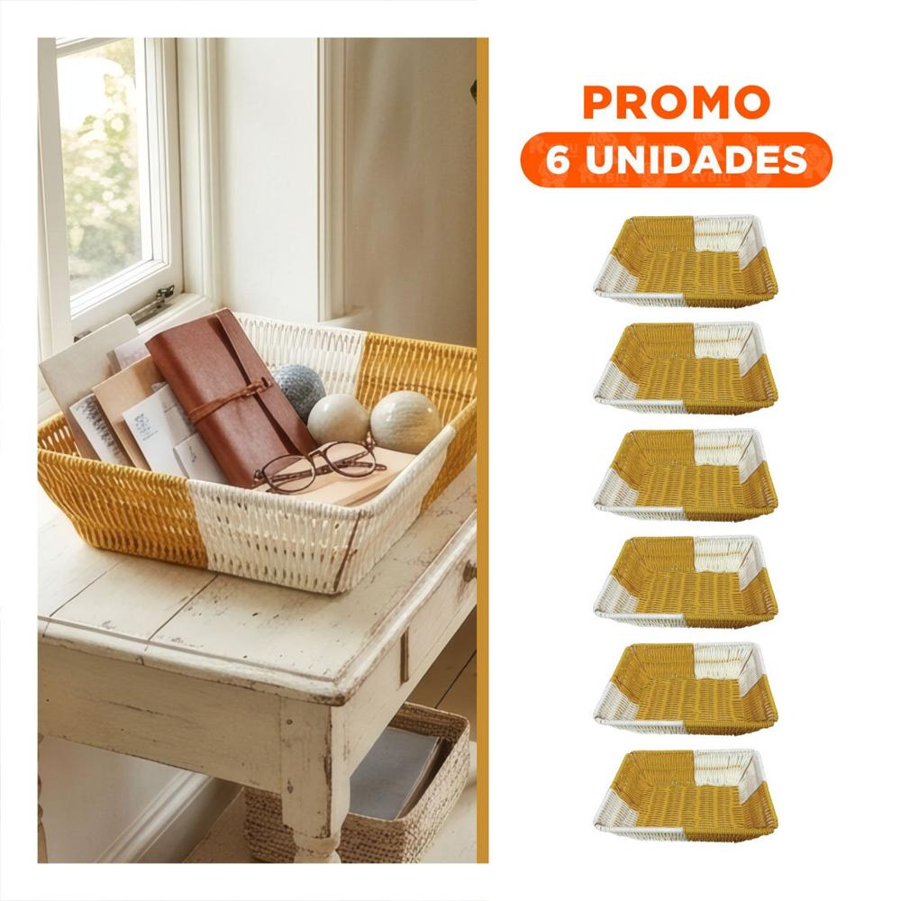 Pack6 Canasta con Diseño Tejido Abierto Color Mostaza y Blanco