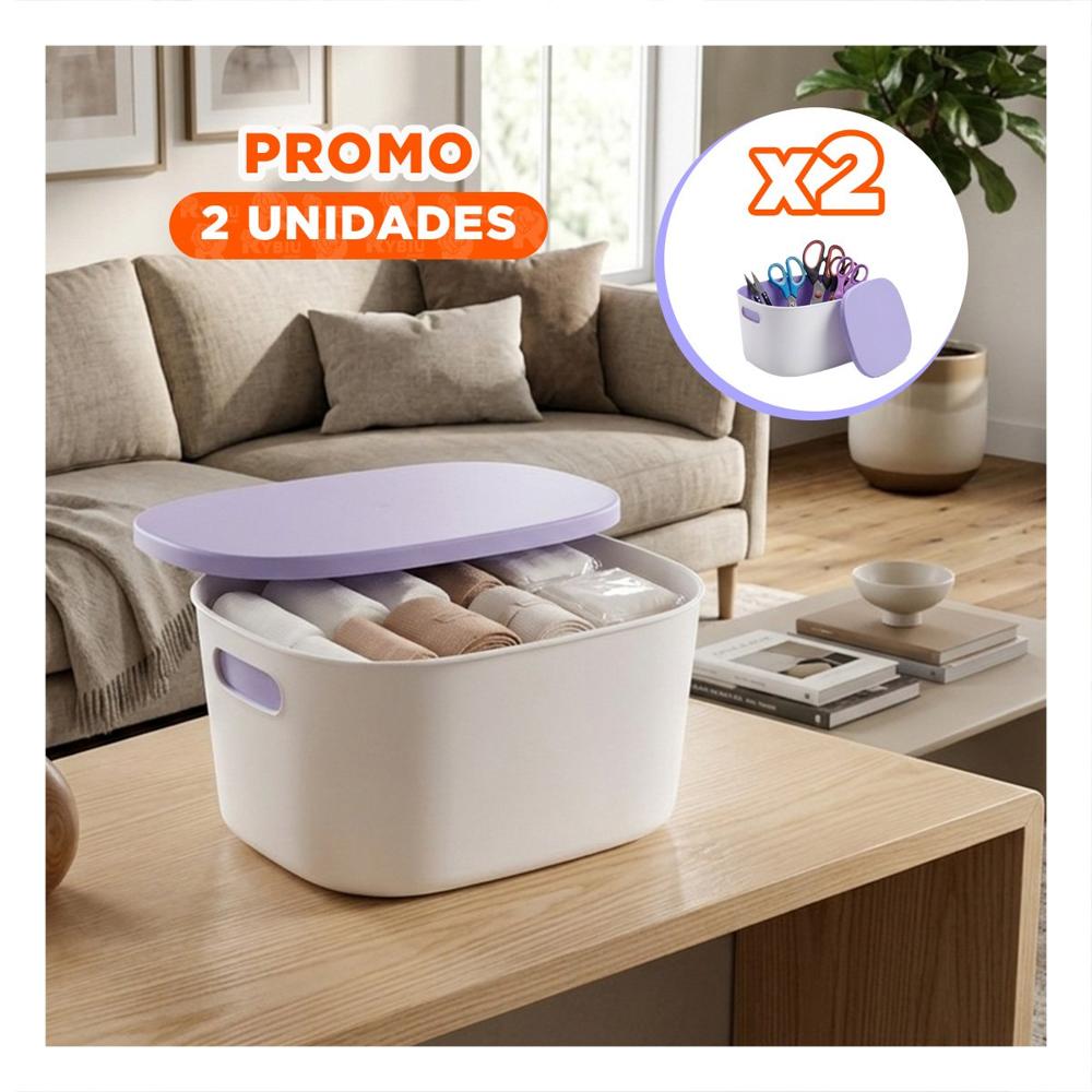 Pack2 Recipiente con Tapa para Organizacion Lila y Blanco 26.5x22x15.4 cm YRegalo Sticker