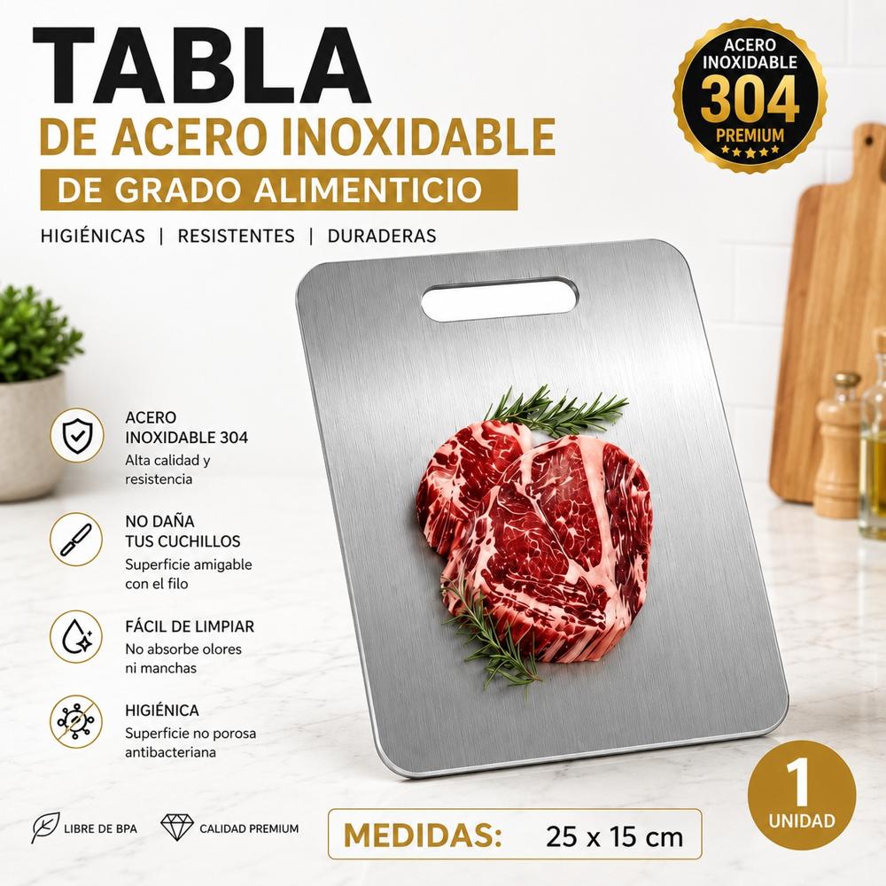 TABLA DE PICAR ACERO INOXIDABLE 25x15 CM DISEÑO PREMIUM.