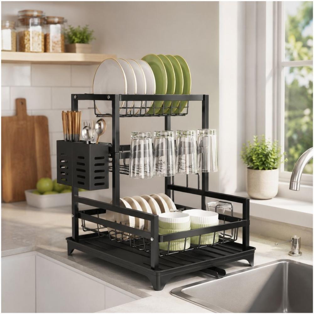 Escurridor de Platos Organizador de Cocina 3 Niveles Acero al Carbono 40x39.5x30.5cm