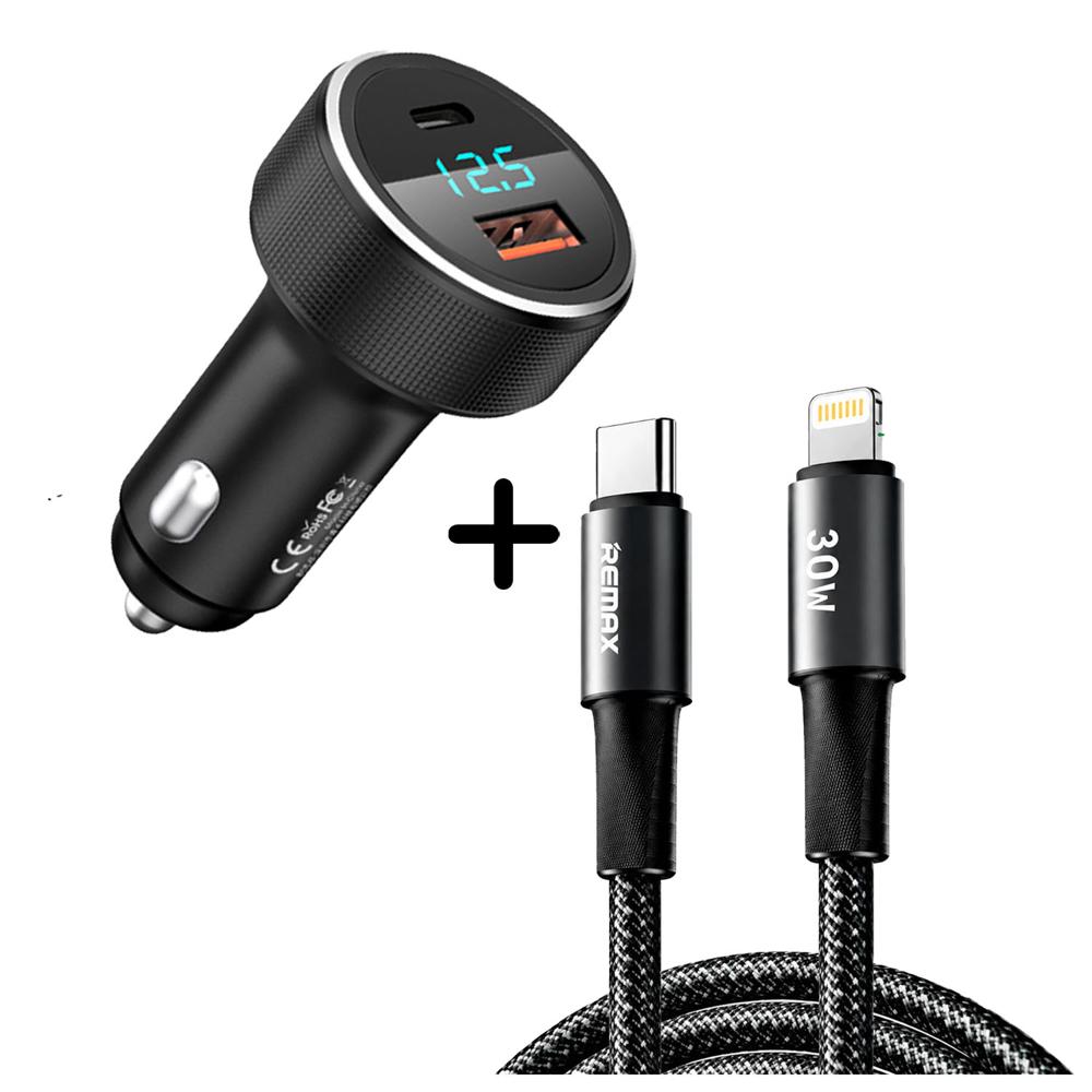 Combo Cargador para auto Remax RCC215 58W - Cable CB25 C-L 30W Negro