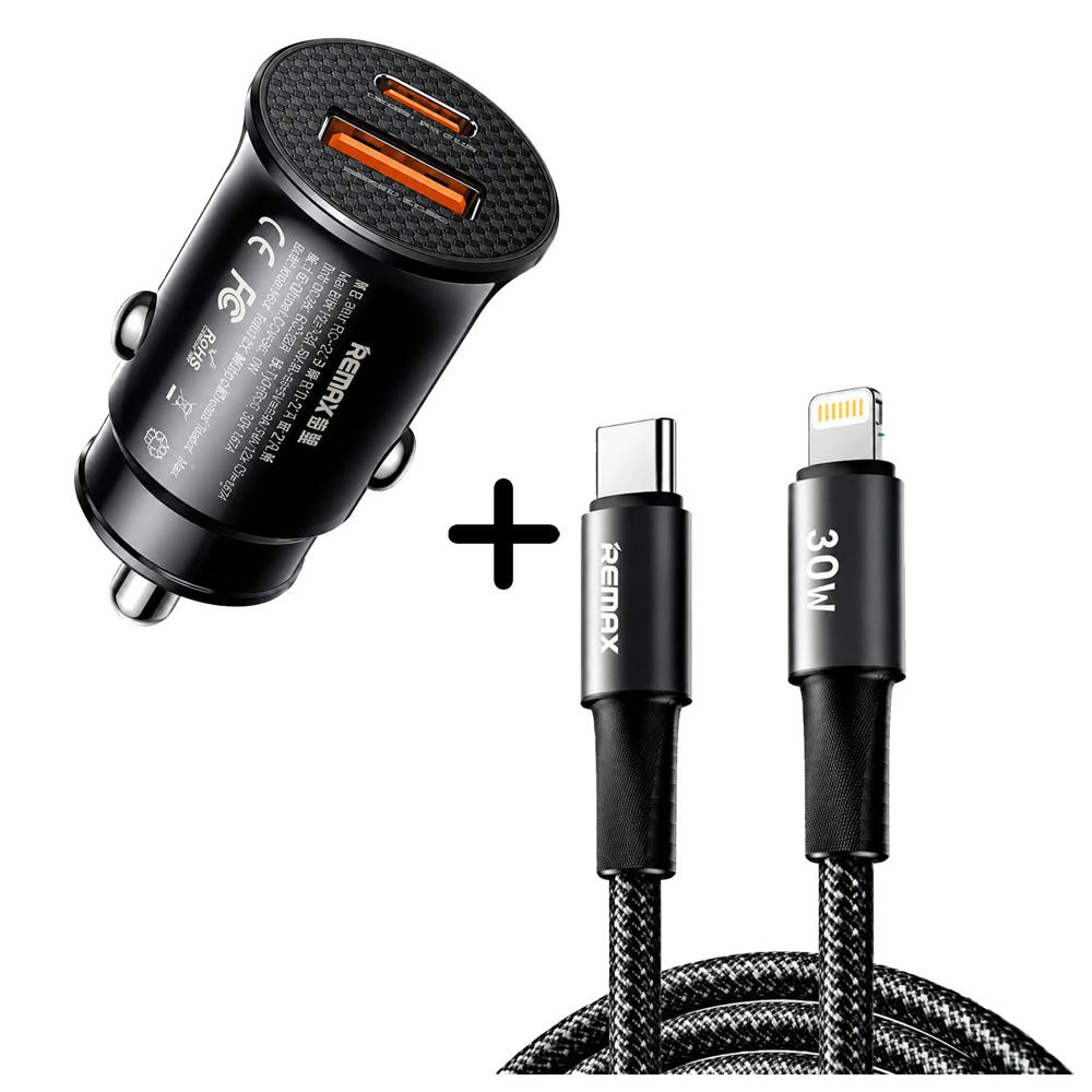 Combo Remax Cargador para Auto RCC358 30W - Cable CB25 30W Negro