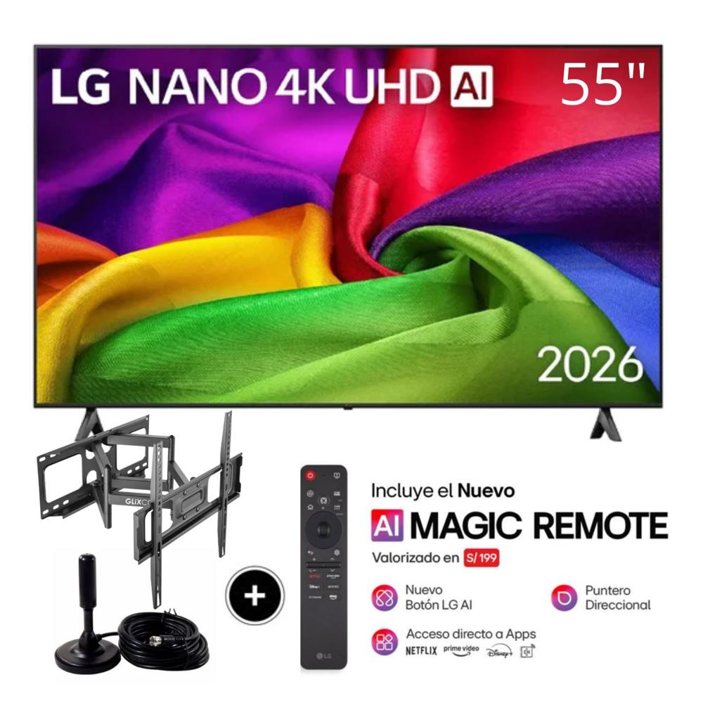 Televisor LG 55" NANO 4K UHD AI Smart TV 55NU800BPSB + Rack Giratorio