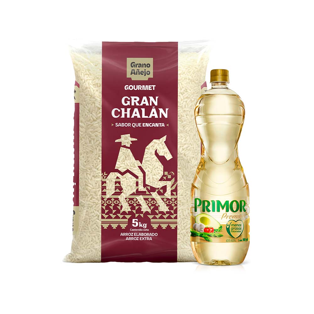 Pack Arroz Extra Gourmet Añejo GRAN CHALAN Bolsa 5Kg + Aceite Vegetal Premium PRIMOR Botella 900ml