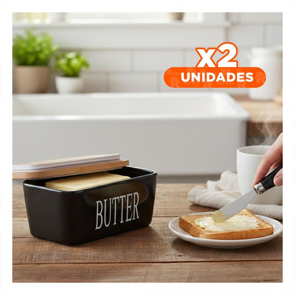 Pack2 Conjunto Blanco de Porta Mantequilla con Tapa Bambu y Cuchillo Y Papel Regalo
