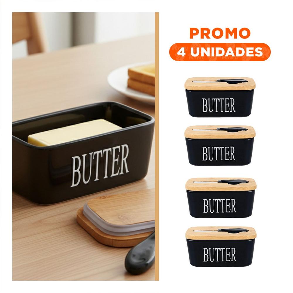 Pack4 Conjunto Blanco de Porta Mantequilla Tapa Bambu y Cuchillo Organización Cocina Hogar