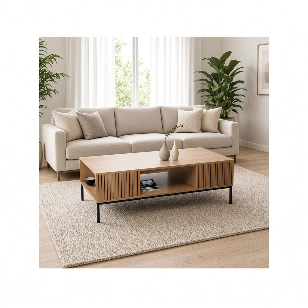 Mesa de Centro Kaori Ranurada Duna Negro TU MESITA Canto Grueso Mesa de Centro Kaori Ranurada con Nicho Color Duna Negro TU MESITA Canto Grueso