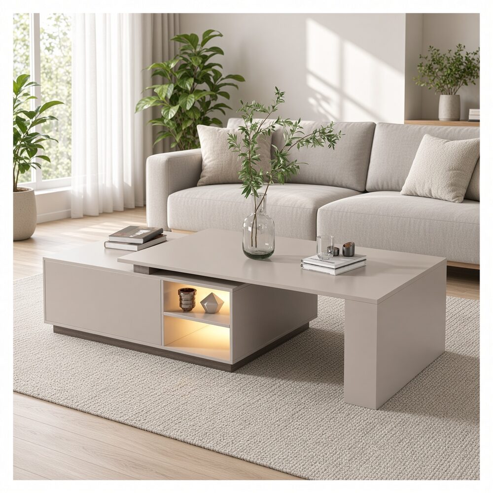 Mesa de Centro Geno Asimétrica con Nicho LED Color Taupé TU MESITA Canto Delgado
