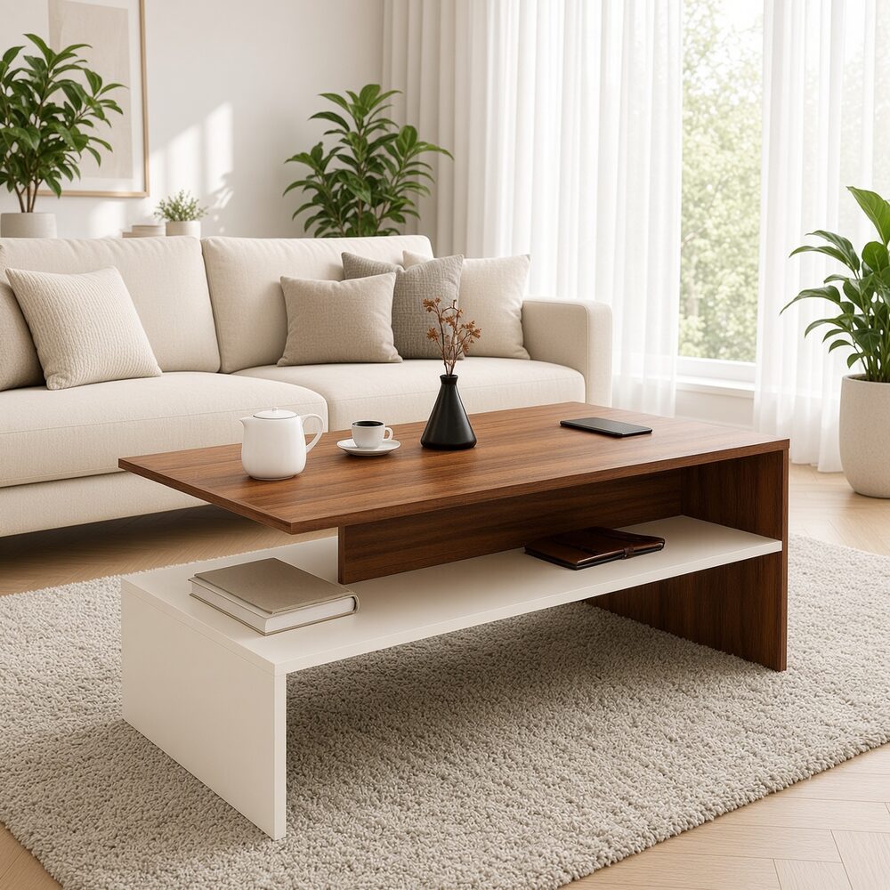 Mesa de Centro Vera Bicolor con Repisa Color Caramelo Blanco TU MESITA Canto Delgado
