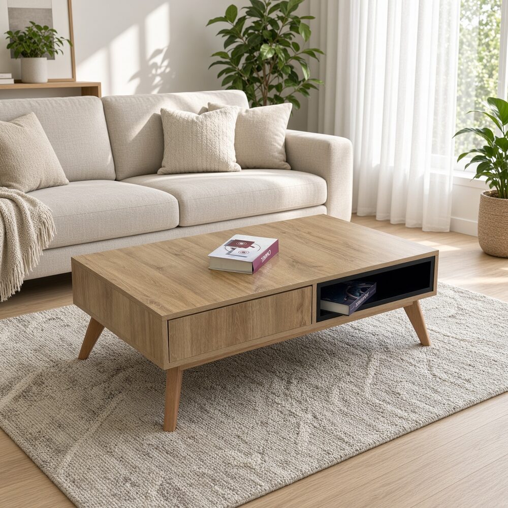 Mesa de Centro Cira con Cajón y Nicho Color Duna Negro TU MESITA Canto Grueso