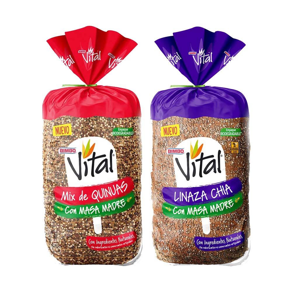 Pack Pan de Molde Integral BIMBO Vital Multicereal Bolsa 600g + Pan VITAL Mix de Quinuas Bolsa 600g