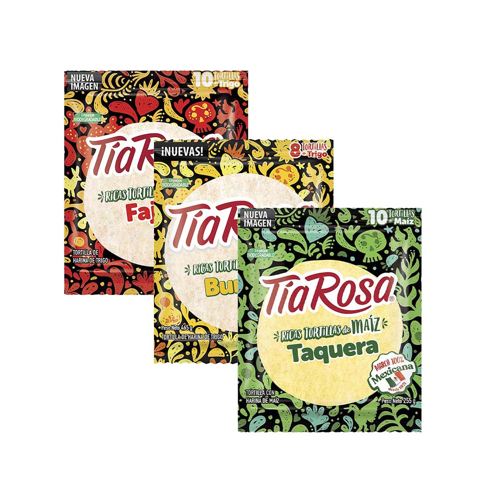 Pack Tortilla de Maíz TÍA ROSA Bolsa 255g + Tortilla de Trigo TÍA ROSA Bolsa 260g + Tortilla de Trigo TÍA ROSA Burrera Bolsa 8un