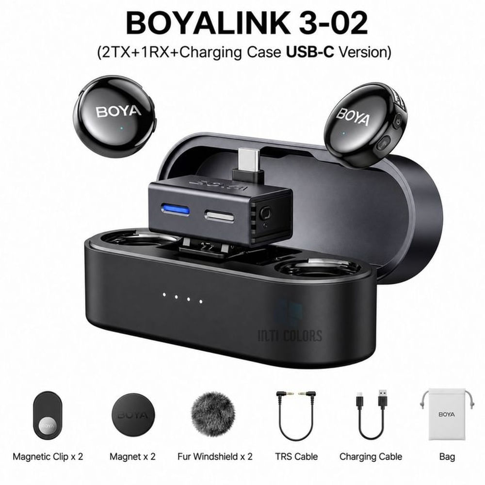 Micrófono BOYA BOYALINK 3-02 USB-C 2 TX + RX, Estuche, TRS 3.5mm, IA, 300m, Negro Negro