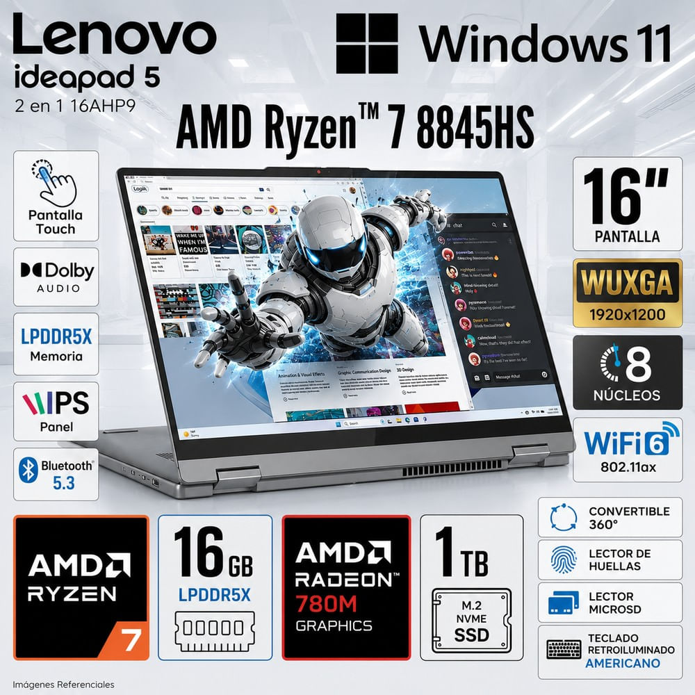 Laptop Lenovo IdeaPad 5 2-en-1 Ryzen 7 8845HS 16GB 1TB SSD 16 Touch WUXGA 83DS0056US