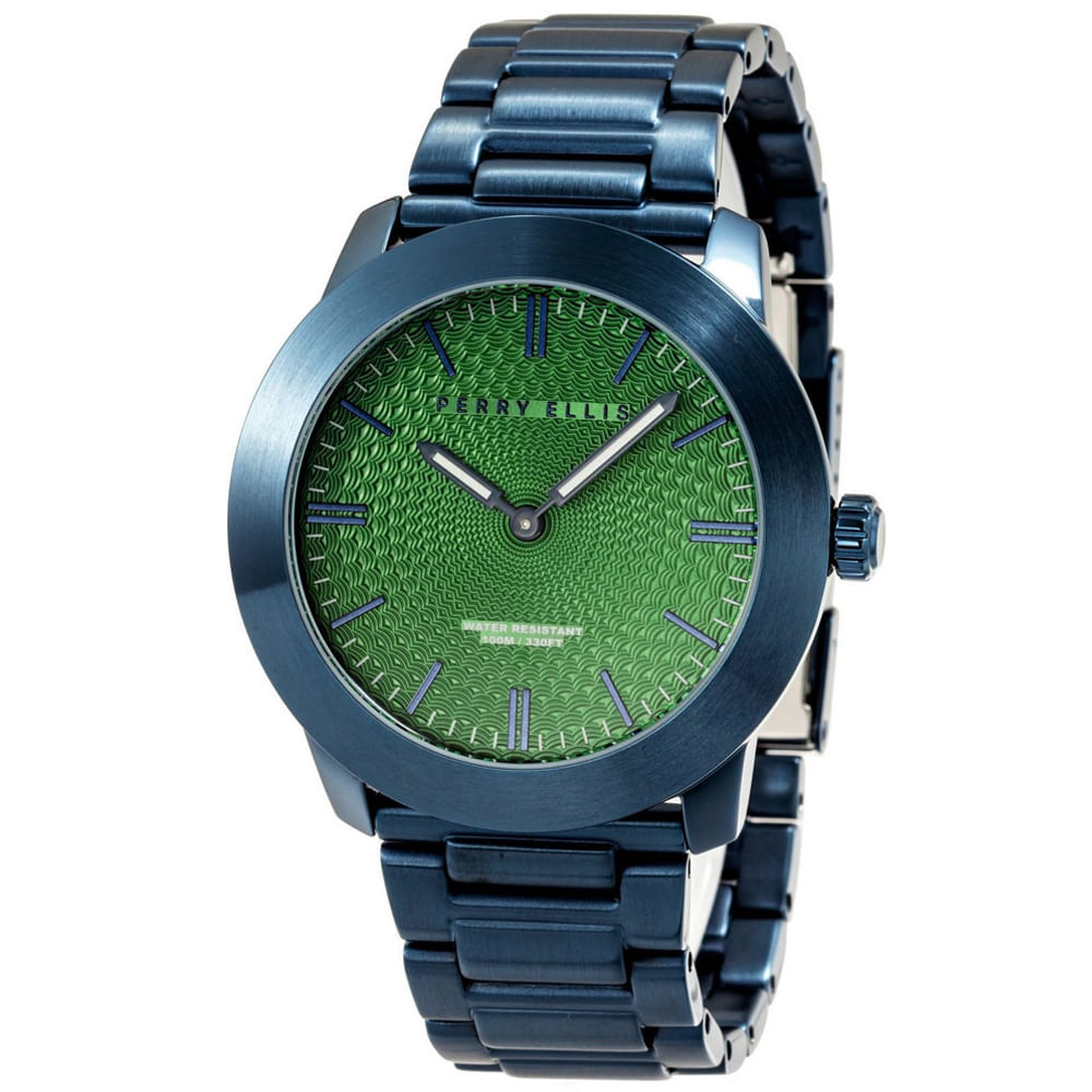 Reloj Perry Ellis Slim Line 42 07012-02 Acero Inoxidable Azul Dial Verde