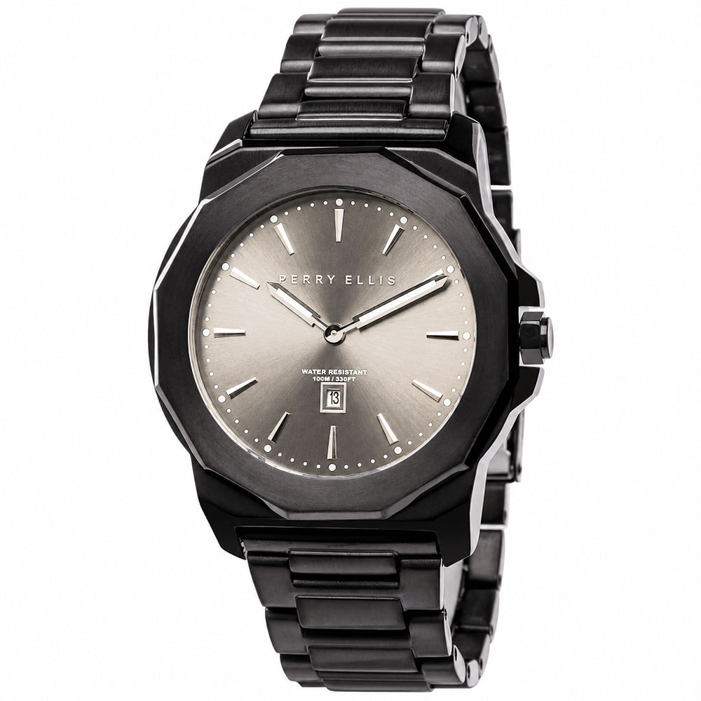 Reloj Perry Ellis Decagon 42 08005-02 Fecha Acero Inoxidable Negro Dial Beige
