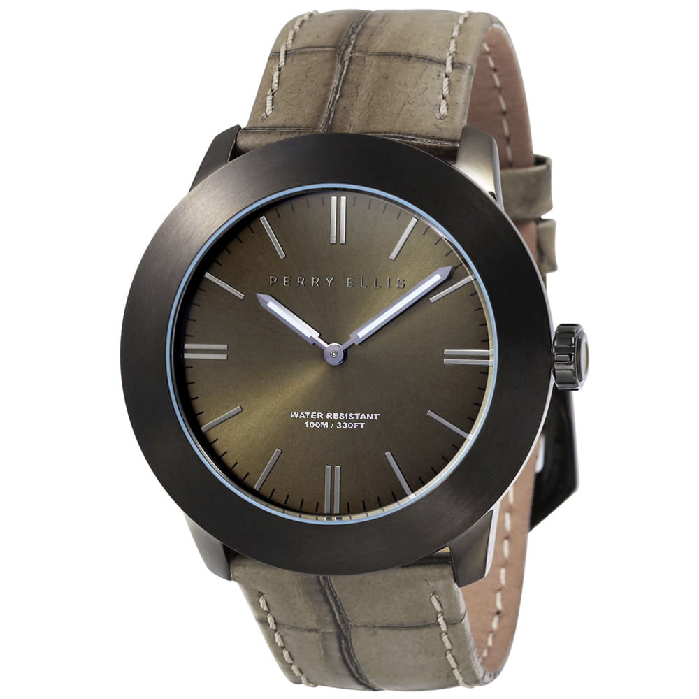 Reloj Perry Ellis Slim Line 46 03006-01 Acero Inoxidable Negro Correa de Cuero Beige