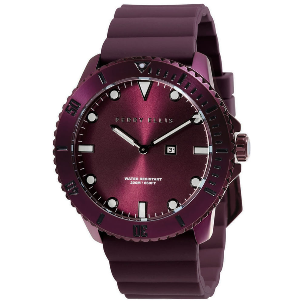 Reloj Perry Ellis Deep Diver 46 02005-03 Fecha Acero Inoxidable Correa de Silicona Vino