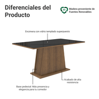 Mesa de Comedor Rectangular con Encimera de vidrio 6 Puestos 5364