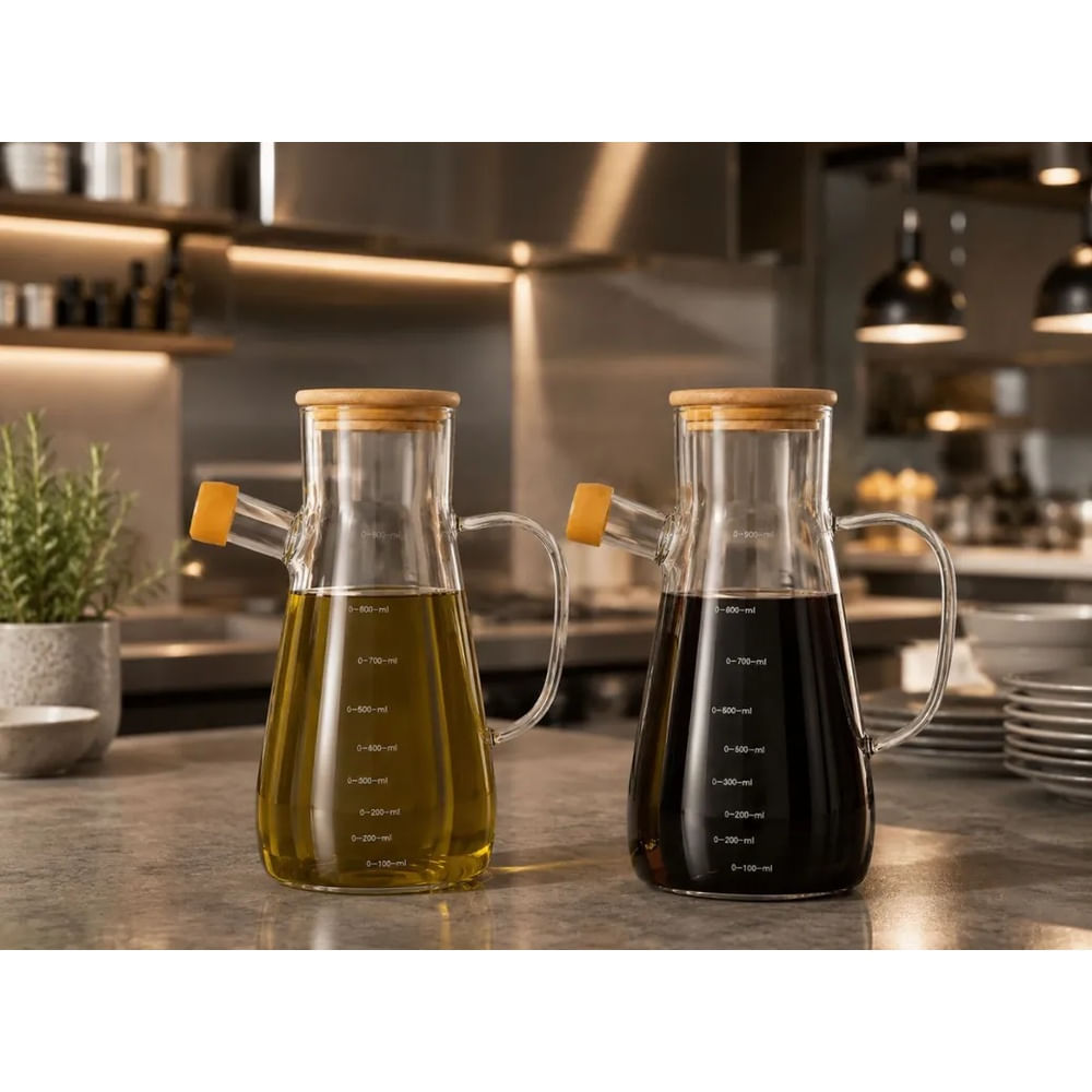 Aceitera de Vidrio Borosilicato 900ML con Tapa de Bambú y Pico Antiderrame Transparente