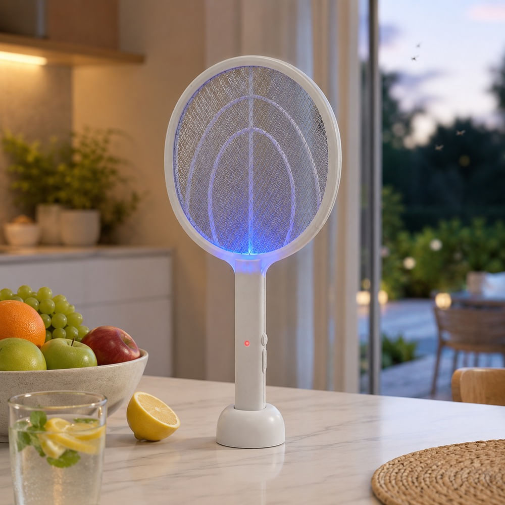 Matamosca Eléctrico Recargable con Luz UV LED y Base USB Blanco