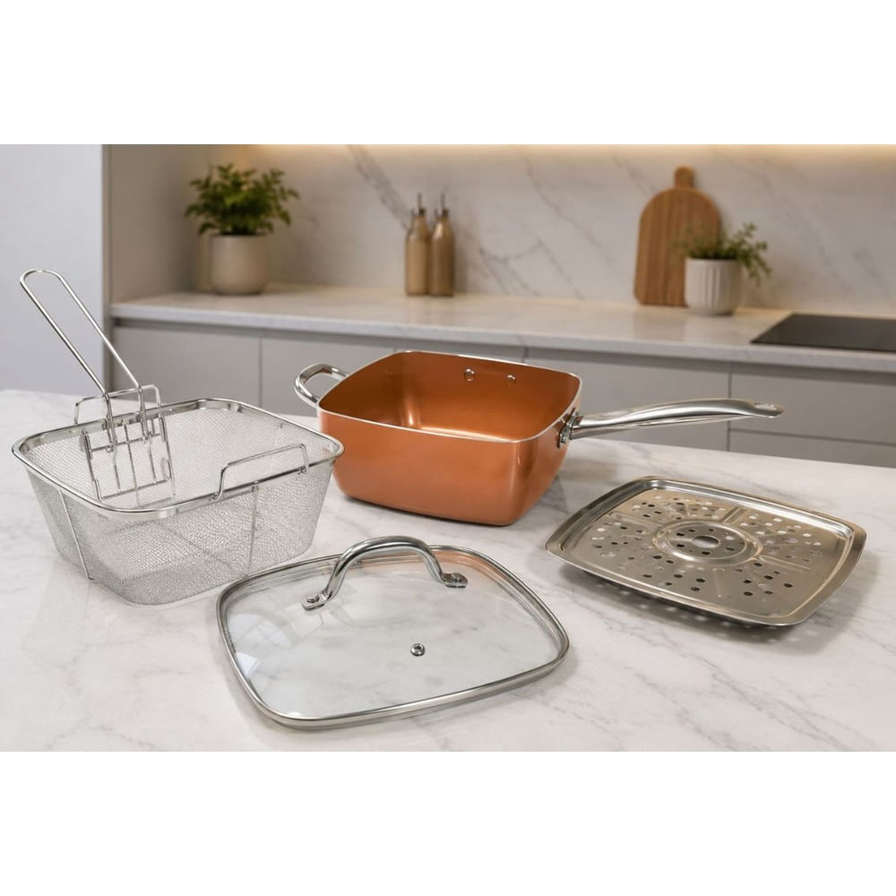Copper Pan Multifuncional 25 cm con Colador, Rejilla de Vapor y Tapa de Vidrio Cobre