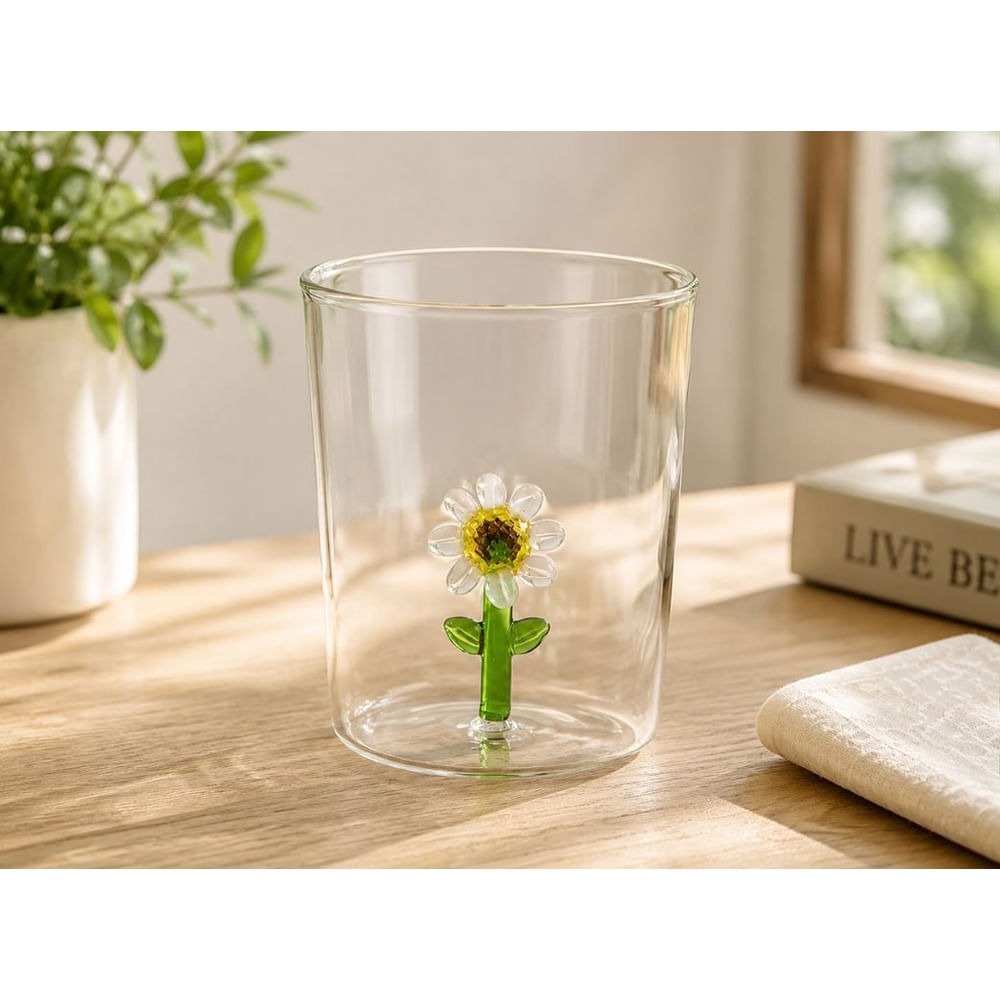 Vaso de Vidrio Borosilicato 3D Girasol Interior 350 ml Transparente