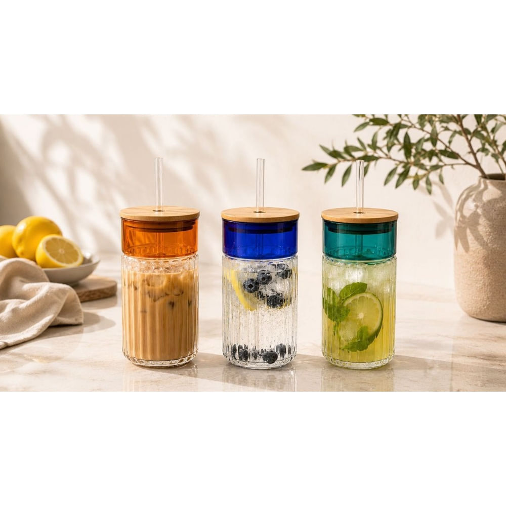 3 Vasos Premium de Vidrio Borosilicato 480 ml con Tapa de Bambú y Sorbete Reutilizable Azul