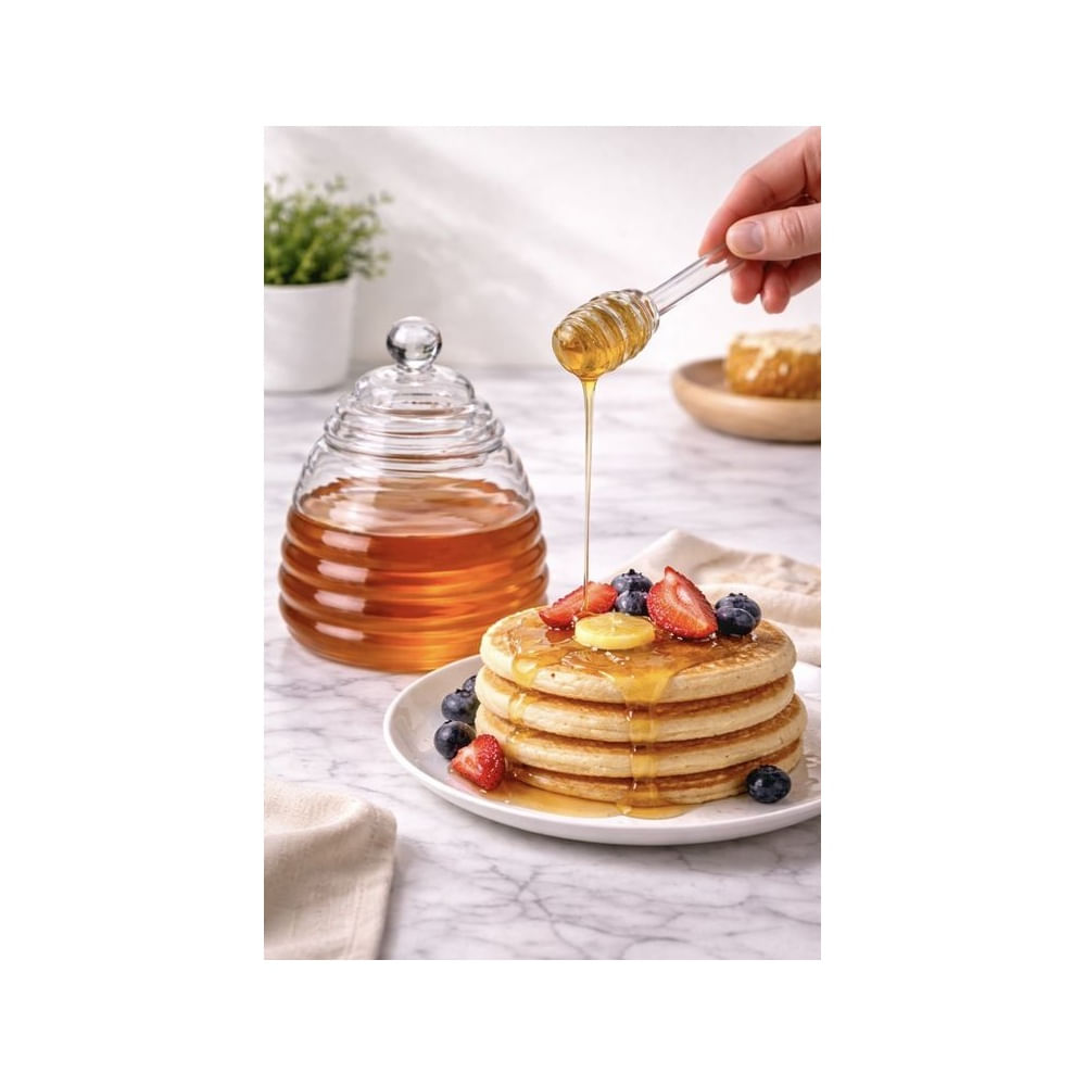 MIELERO VIDRIO BOROSILICATO CON TAPA Y BASTÓN 480 ML Transparente