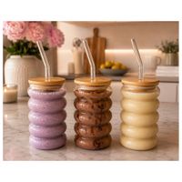 Set 12 Vasos Ondulados y Sorbetes de Vidrio Borosilicato 400 ML con Tapas de Bambú