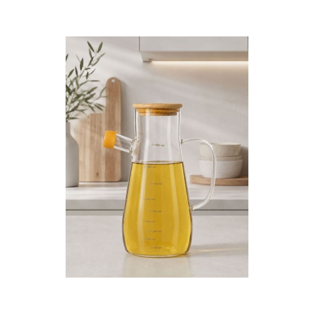 Jarra Dispensadora Aceitera de vidrio Borosilicato con Tapa de Bambú Transparente