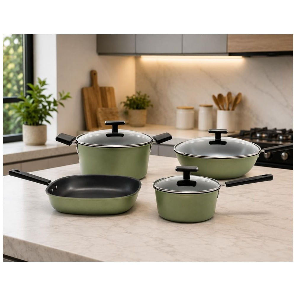 Set de Ollas de Aluminio 4 Piezas con Cerámica Fundida y Tapas de Vidrio Templado Verde