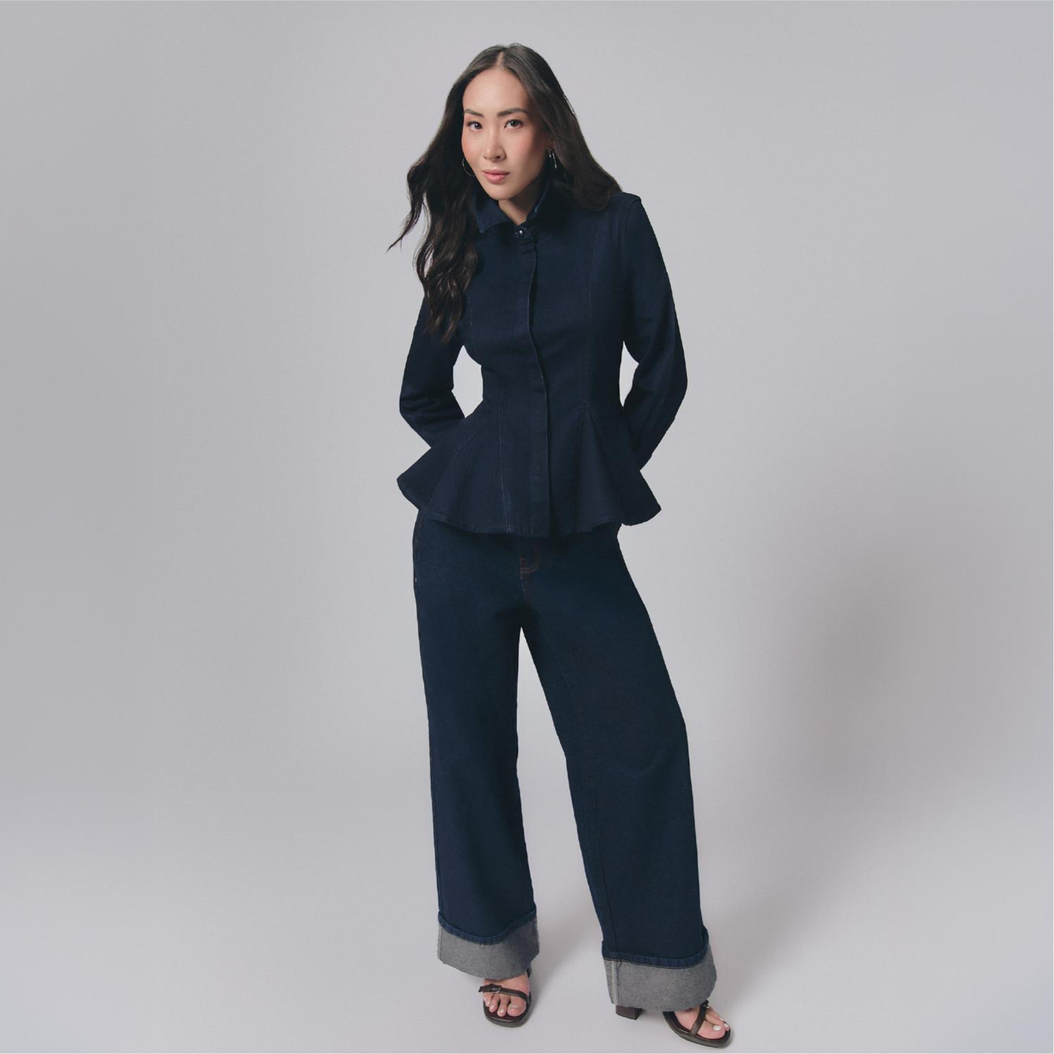Blusa Mujer Peplum Malabar Manga Larga Azul Marino L