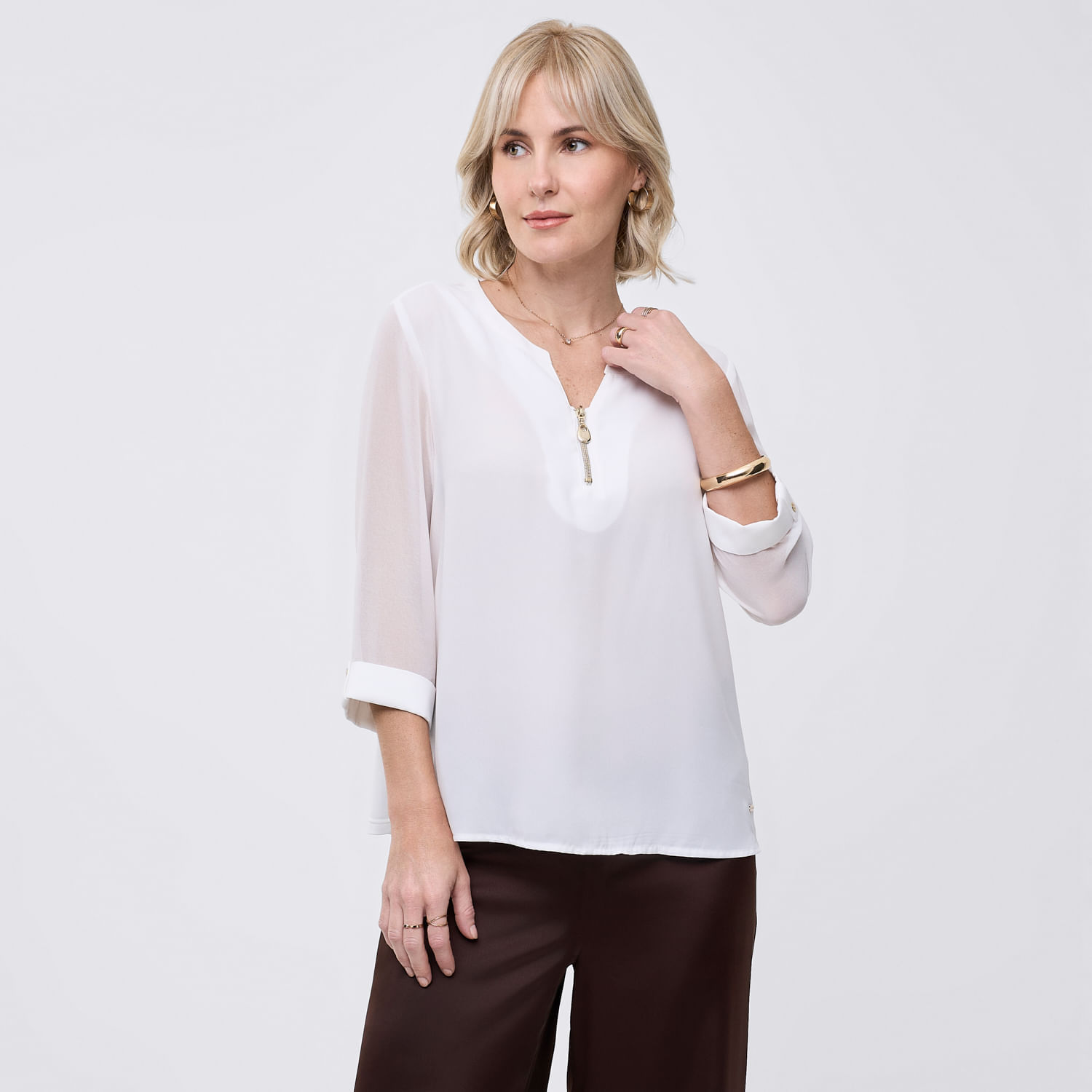 Blusa Mujer Zip Zafin Manga 3/4 Blanco Xl